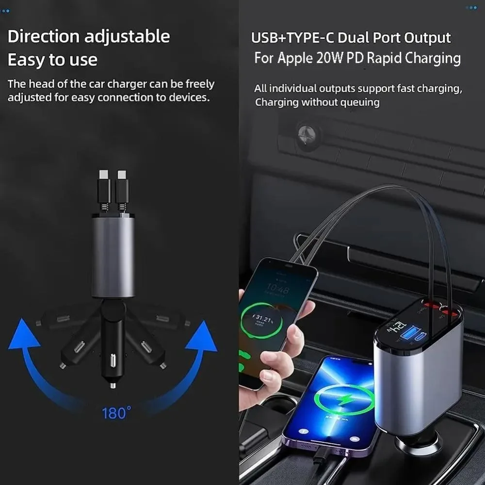 Durable 120W Retractable Car Charger 4 in 1 Digital Display Car Charger Adapter 2 USB Ports Fast Charging Retractable Cable