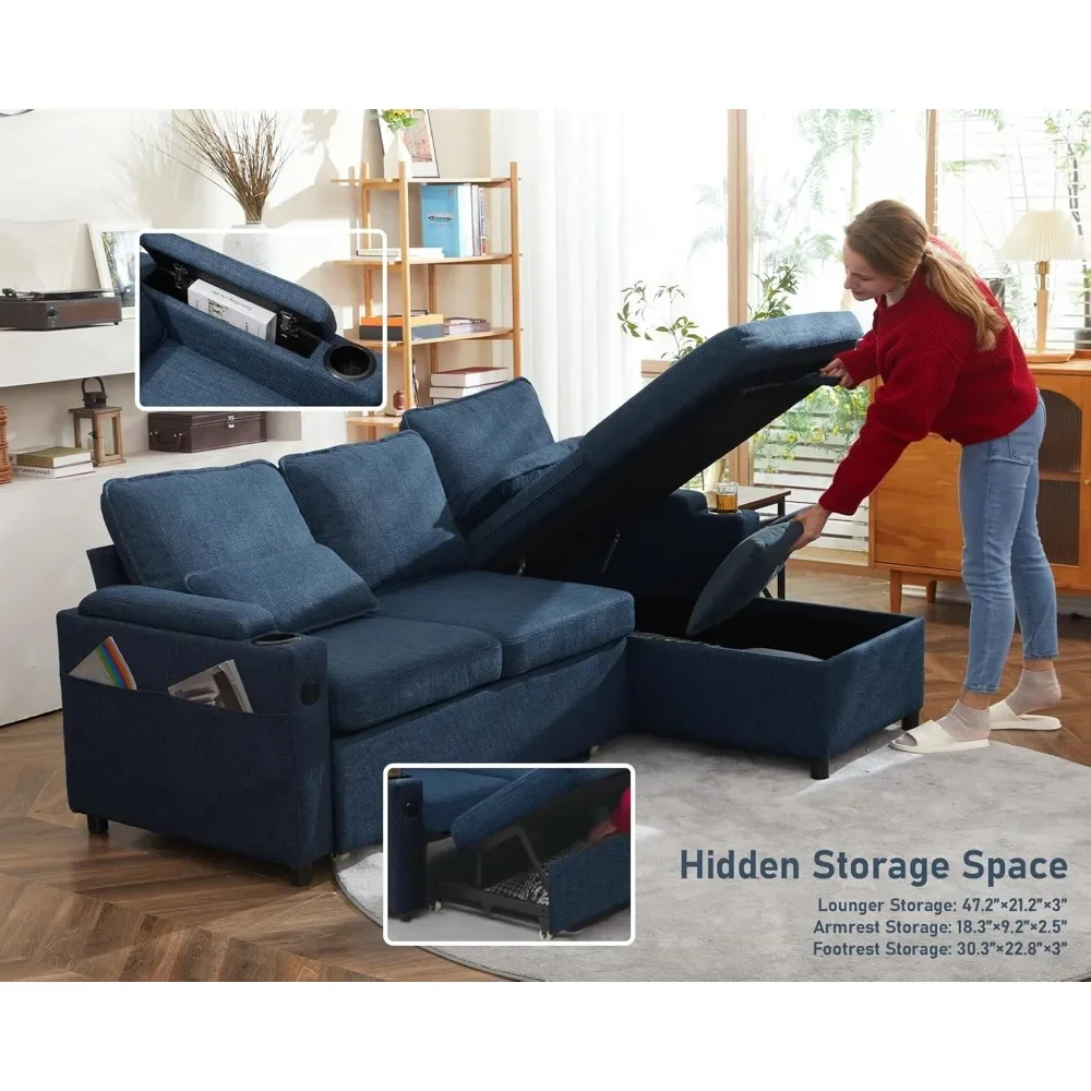 Sofa Bed Sleeper Pull Out 2 in 1 Sectional Sleeper Sofa Couches with Storage,USB,Cup Holder,Pullout Sectional Couches