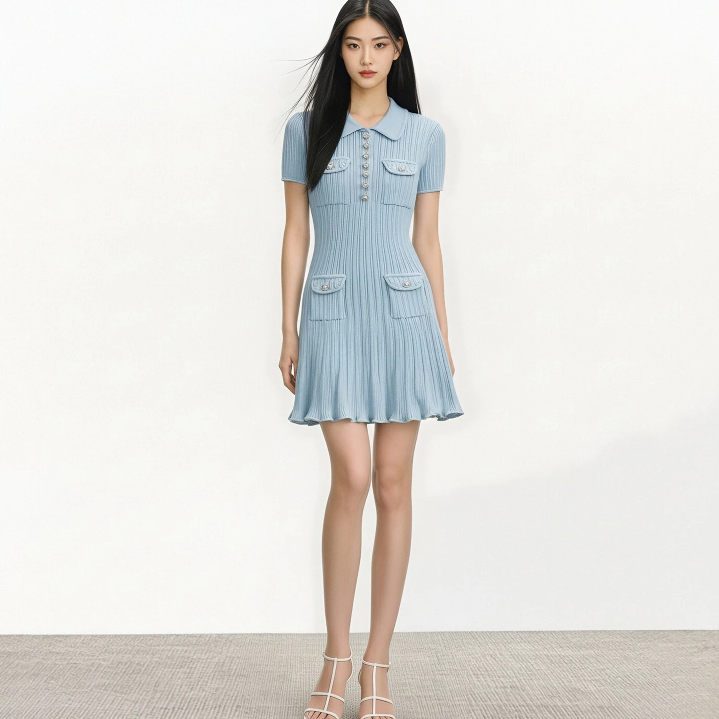 

Brand Designer Polo Knitted Dress Women Summer Short Sleeve Single Breasted Flower Button Knitting Sweater Mini Dresses