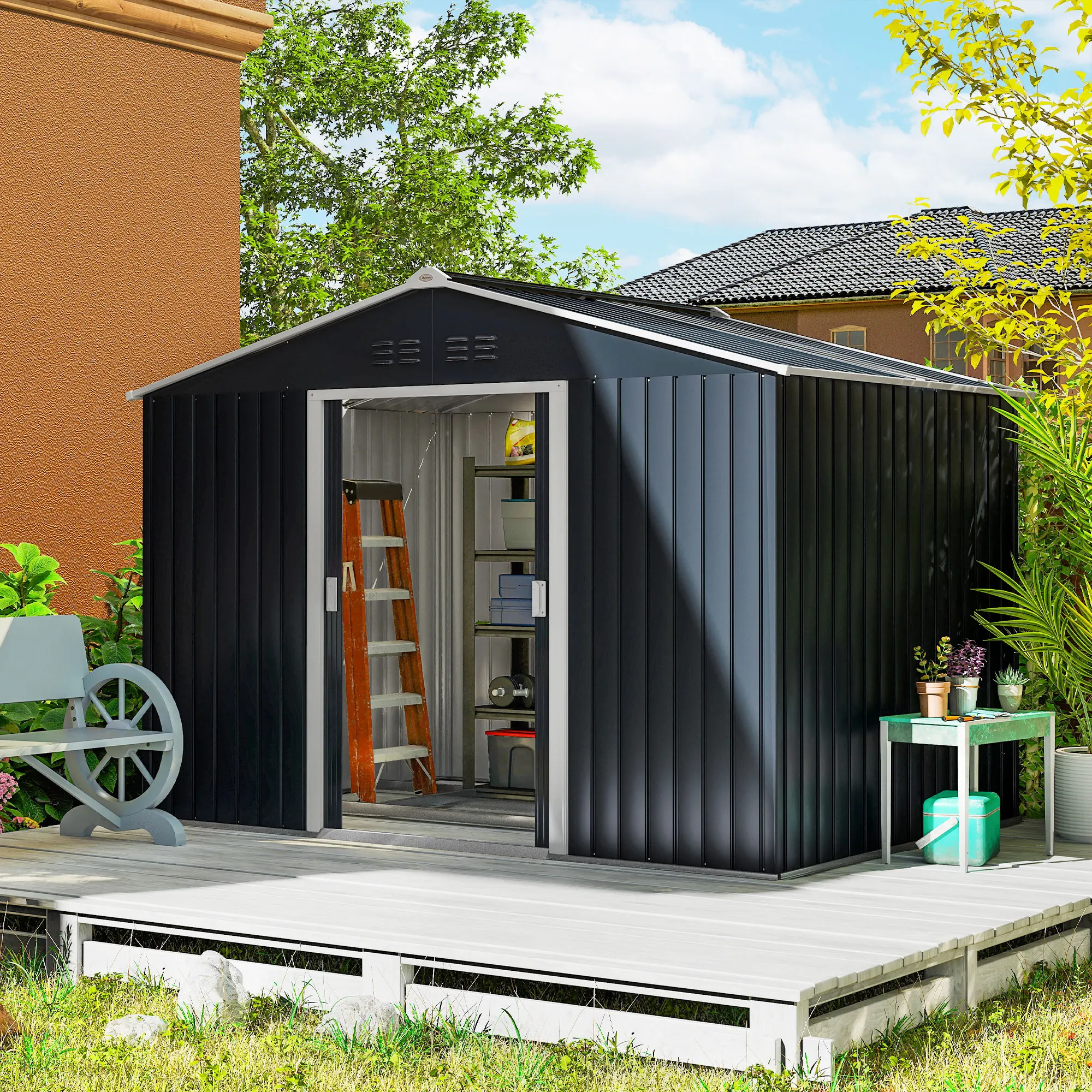Outsunny Abri de jardin en acier galvanisé XXL 5,4 m² avec kit de fondation 277 x 195 x 192 cm, cabane de jardin cabanon rangeme