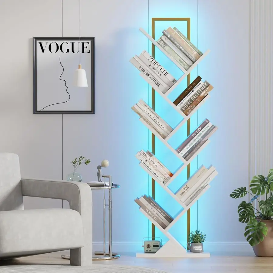 

Book Shelf with LED Lights, 9 Tier Floor Standing Bookcase, Classical Corner Shelf Kids Bookshelf, Tall Wood Book Storage for Be