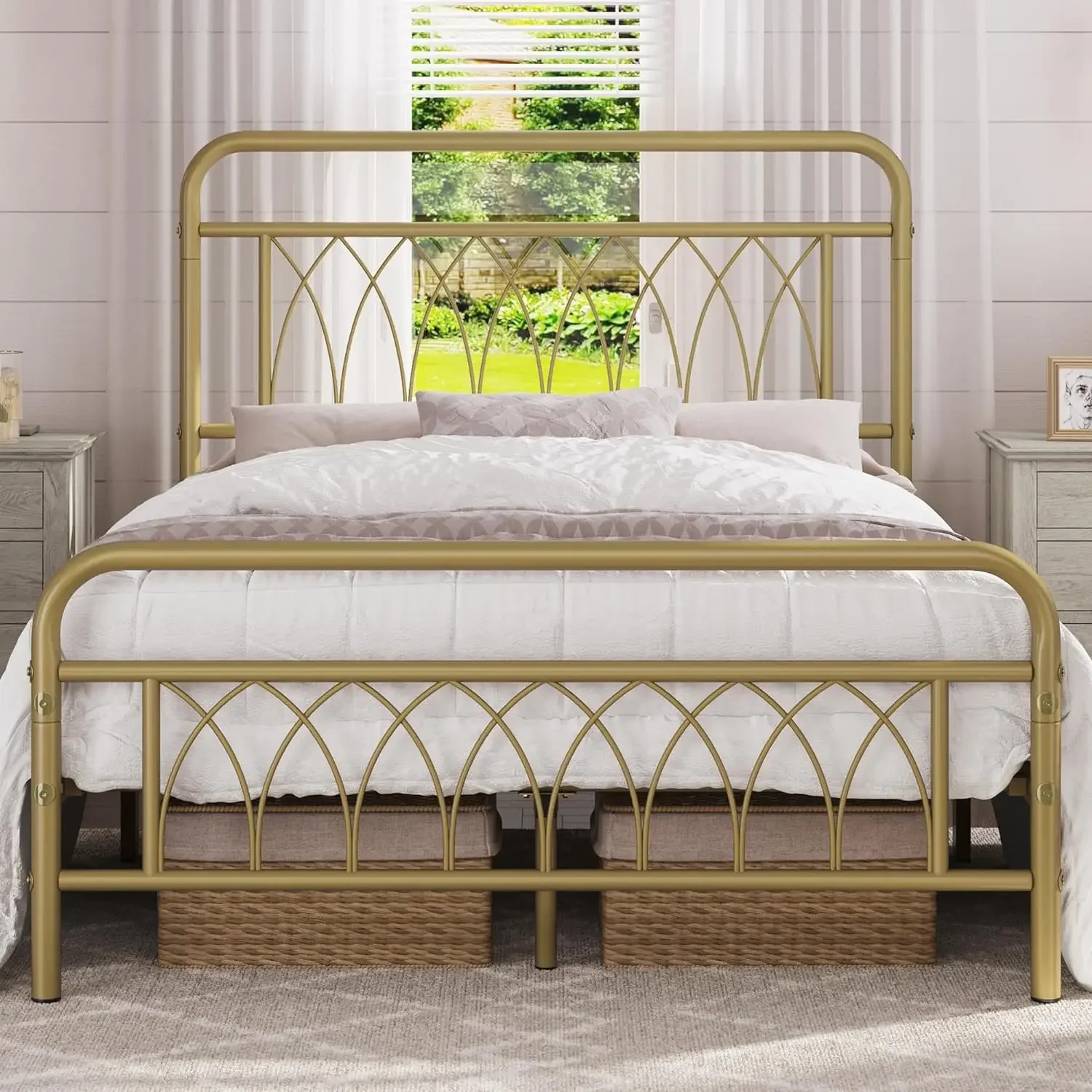 

Full Bed Frame Metal Platform Bed with Petal Accented Headboard/Footboard/14.4 Inch Under Bed Storage/No Box Spring Needed