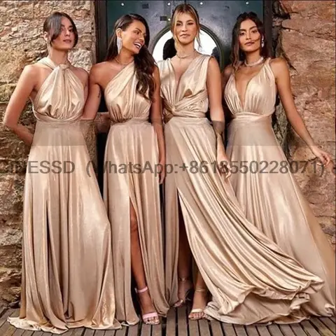 Convertible A Line Bridesmaid Dresses Side Split Long Sleeveless Customized Dark Champagne Wedding Party Dress For Women