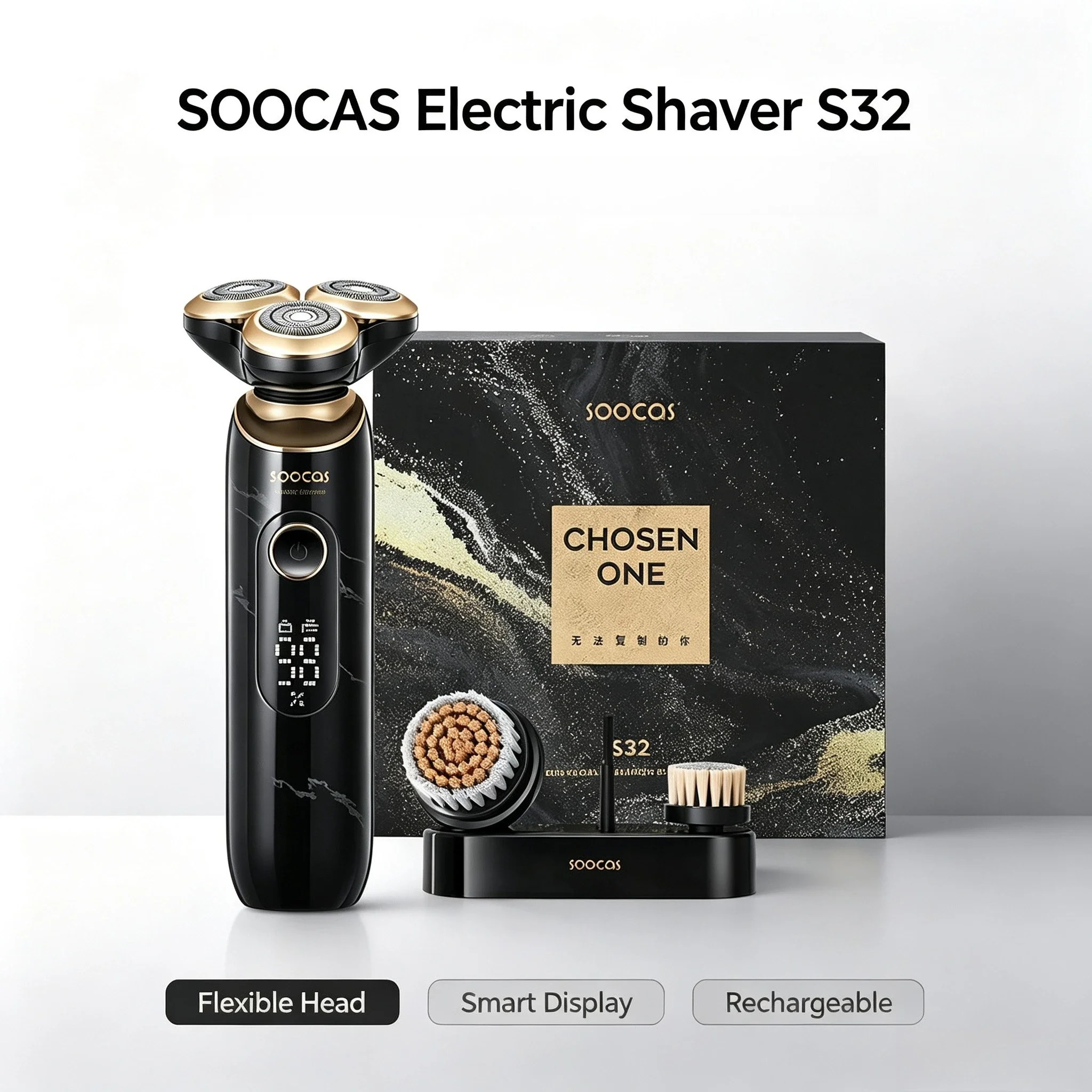 SOOCAS S32 3 in 1 Electric Shaver for Men IPX7 Waterproof Wet Dry Shaving Machine Facial Cleansing Brush Luxury Gift for Husband