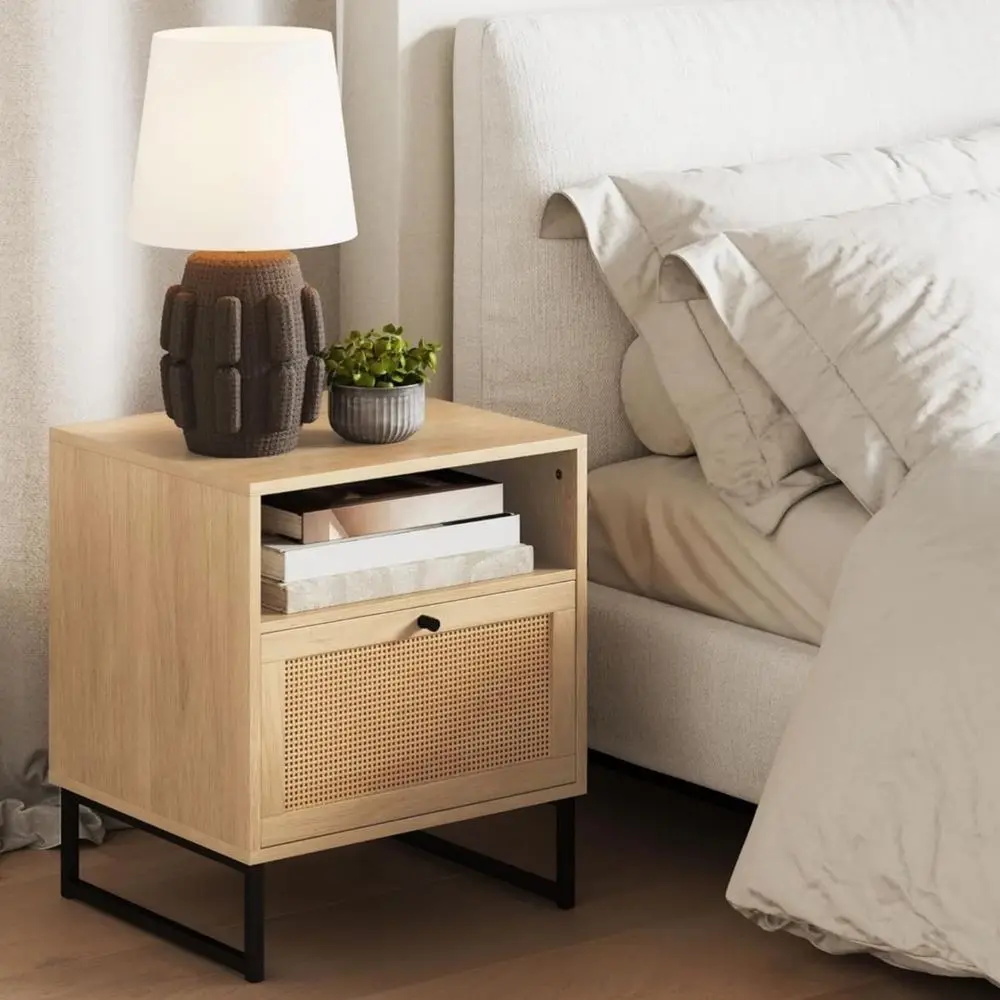 Mesitas de Noche para Recámara, Mesita de Noche con Cajones de Madera, Mesita de Noche de Ratán, Mesitas Minimalistas, Beige