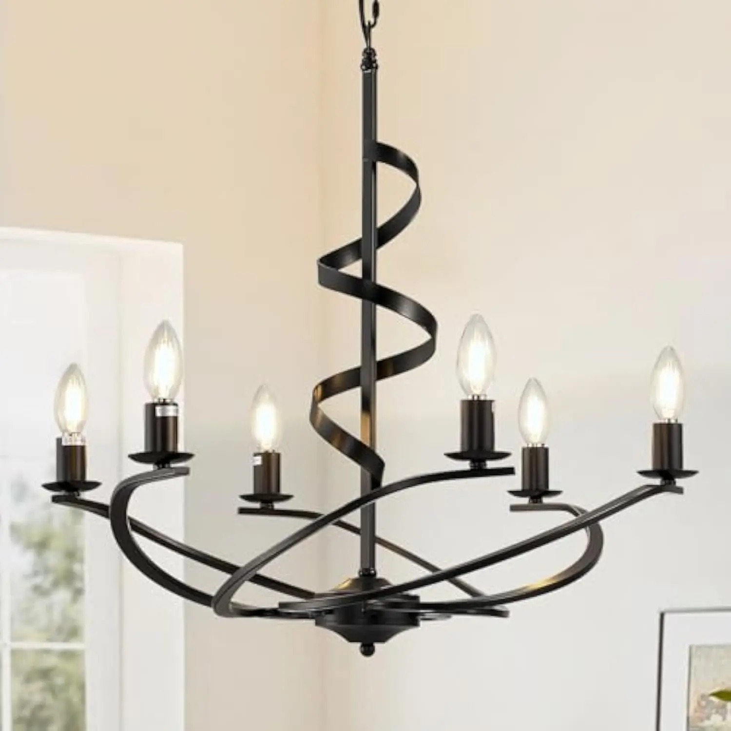 

Modern 6-Lights Spiral Black Farmhouse Chandeliers Light Fixture, 25.6 inch Industrial Hanging Lamp Ceiling Pendant Light Decor
