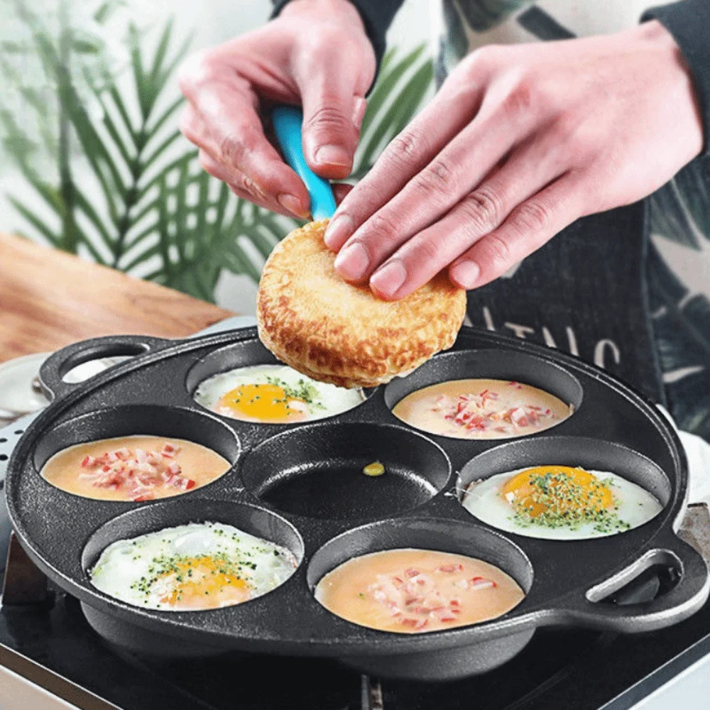 

Multipurpose Cast Iron 7 Hole Omelette Pan Efficient Round Fried Eggs Pot Non-Stick Labor-saving Kitchen Frying Pan Pancake