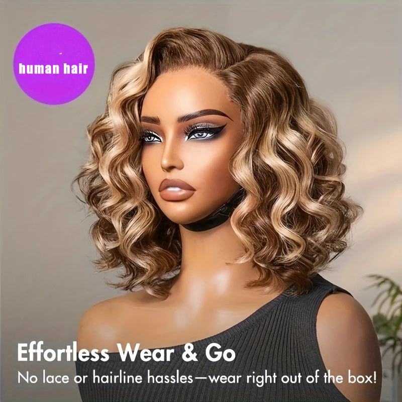 

Парик-боб омбре из натуральных волос, с мелированием 4/27, глубокие волны, кудрявый, медово-русый, с кружевной передней частью, плотность 200%, 16 дюймов