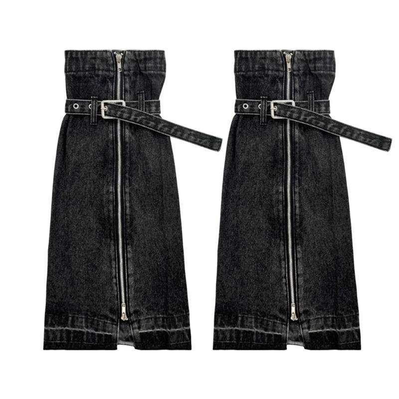 

Модные джинсовые гетры с пряжкой и ремнем для женщин, в стиле Харадзюку, в стиле панк, с боковыми молниями, мешковатые бахилы,