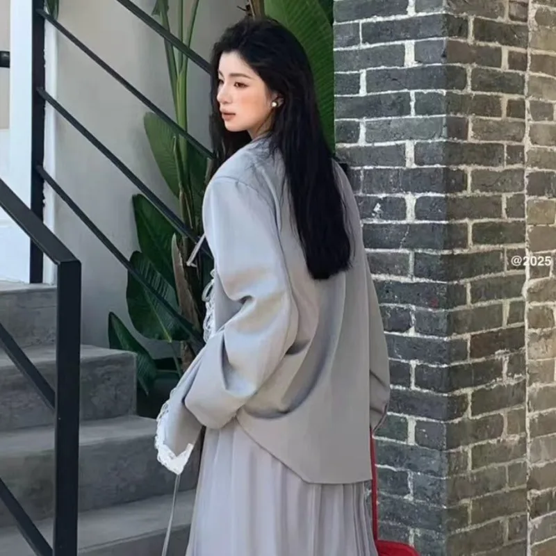 EAEOVNI contraste couleur dentelle épissé veste d'extérieur femmes mode à lacets conception polyvalent Blazer manteau 2025 nouveaux vêtements 1A1024