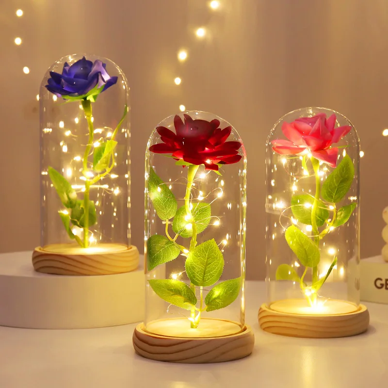 

Artificial Rose Flowers in Glass Cover Eternal Simulation Rose Led Lights Birthday Party Favors Mothers Day Valentines Gifts