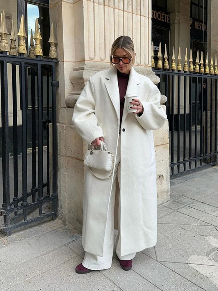 Autumn New White Lapel Long Sleeve Woolen Coat Women Fashion One Button Oversize Overcoat 2024 Casual Lady High Street Outerwear