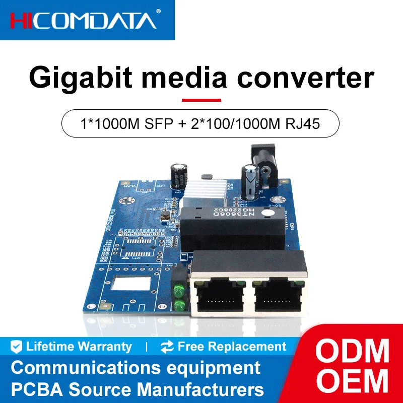 

10/100/1000M 1 Fiber port and 2 RJ45 Gigabit Media Converter PCB Single Mode fiber Port PCB 10/100/1000M 1F2g