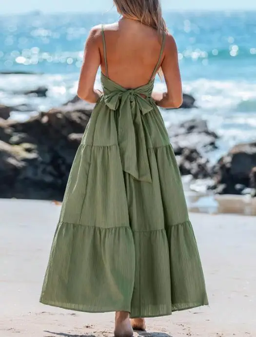 

New Green Backless Long Dress Lace up Vacation Style Beach Swing with Suspender Straps Women's Fashion Summer Outfit