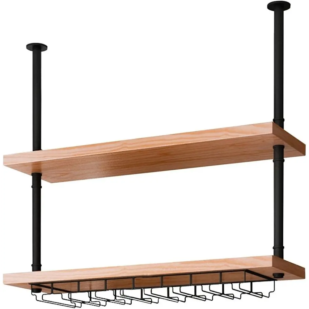 Estante de vino de metal de 2 niveles con soporte para vidrio, estante de barra colgante para almacenamiento de cocina, cacerola y organizador de plantas (80x25x70cm)