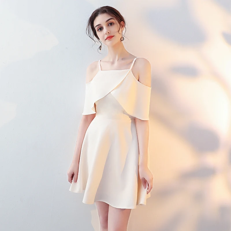 Champagne simples cetim vestidos de casamento da dama de honra feminino fora do ombro vestido de festa curto moda feminina mini vestido de baile de noite