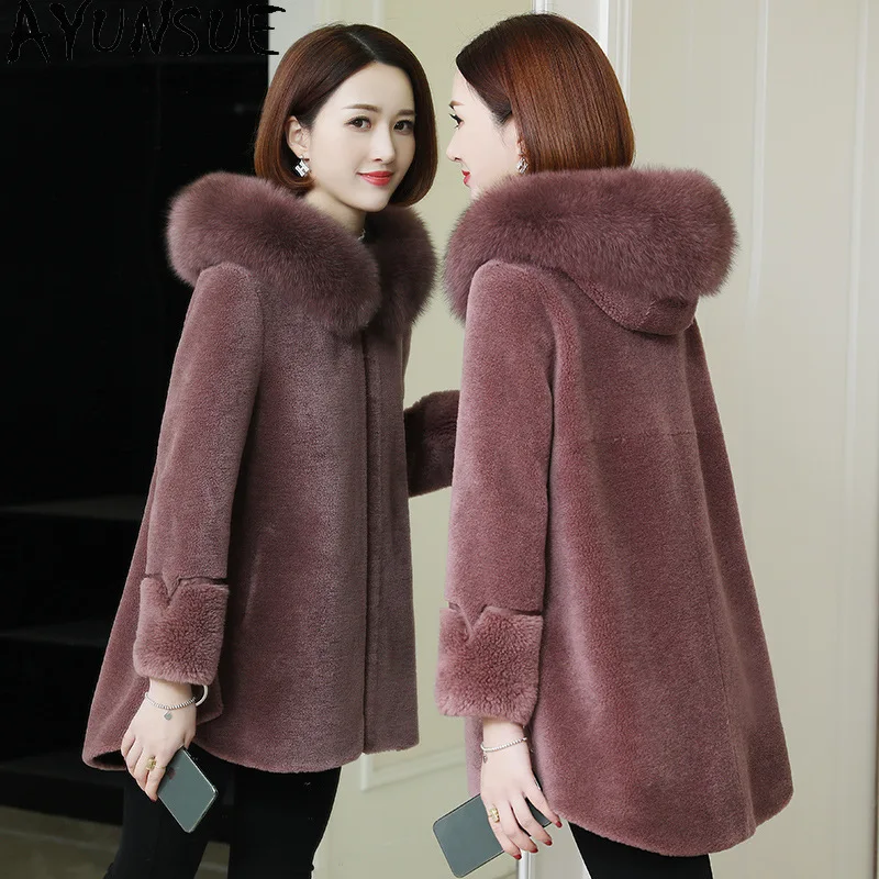 AYUNSUE 100% laine manteau 2025 vestes d'hiver pour femmes mouton cisaillement manteaux femme Composite fourrure intégré chaud col de fourrure de renard