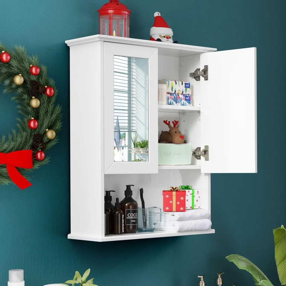 Bathroom Wall Cabinet with Double Mirror Doors Wooden Medicine Cabinet and Paper Towel Slot 23x29 inchs Over Toilet Storage