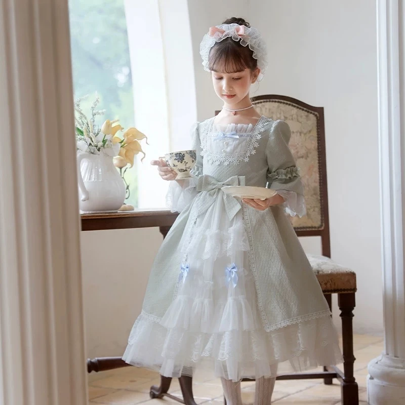 

Lolita Style Fluffy Girls Princess Dress Cos Court Retro Lolita Fashion Style Dress Kids Bow Design Birthday Long Mesh Dress