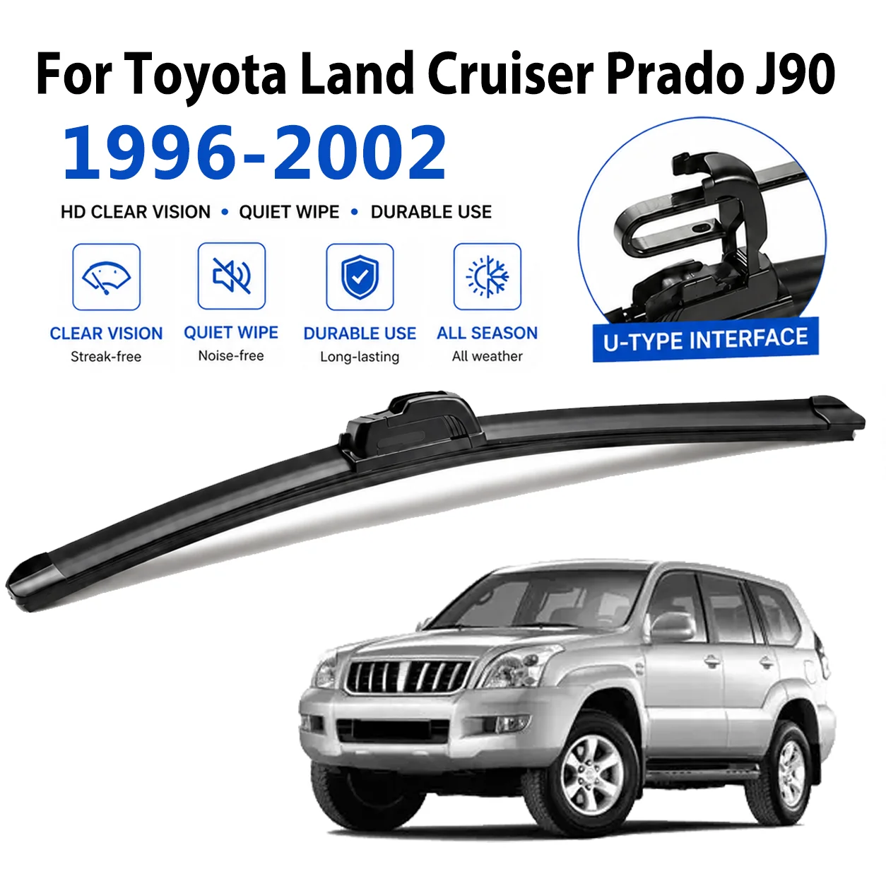 For Toyota Land Cruiser Prado J90 1996‑2002 2Pcs U‑Hook Front Windshield Wipers, Rubber Quiet Replacement Wiper Blades 19"+18"
