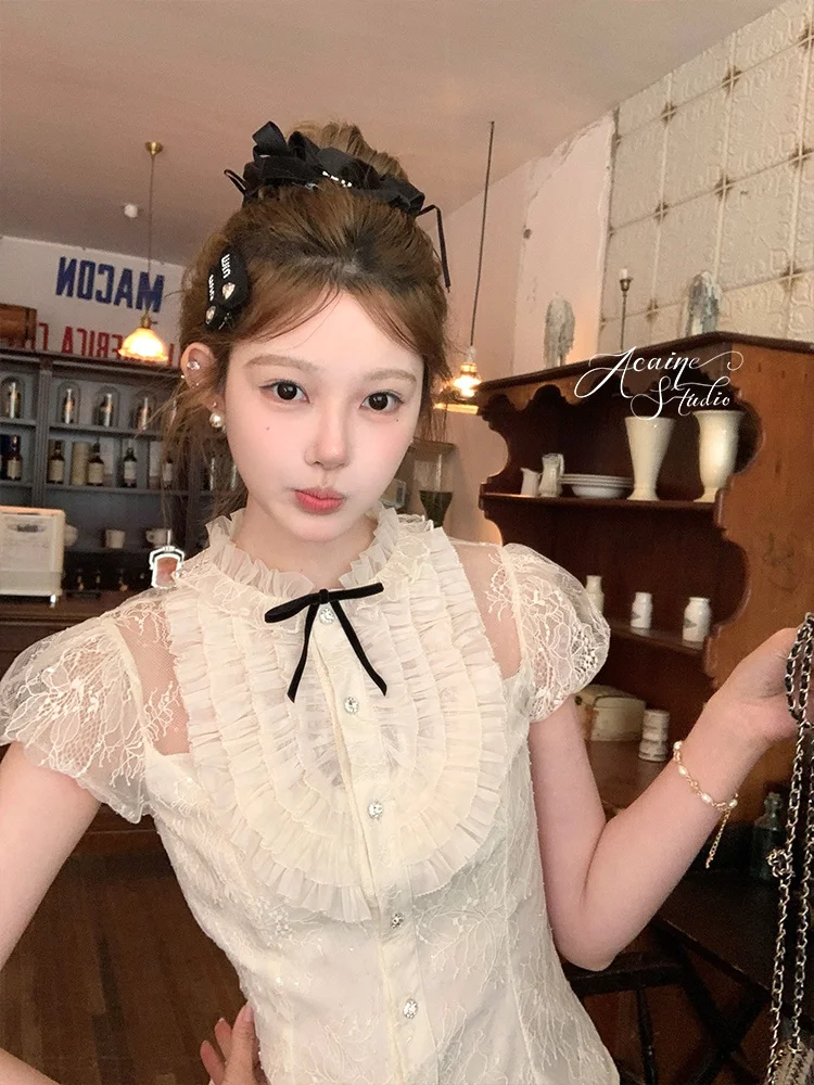 

Acaine Doll Short Hollow out Lace Wood Ear Short Shirt Women Summer Top Pure Color French Style Bubble Sleeve round Neck Blouse