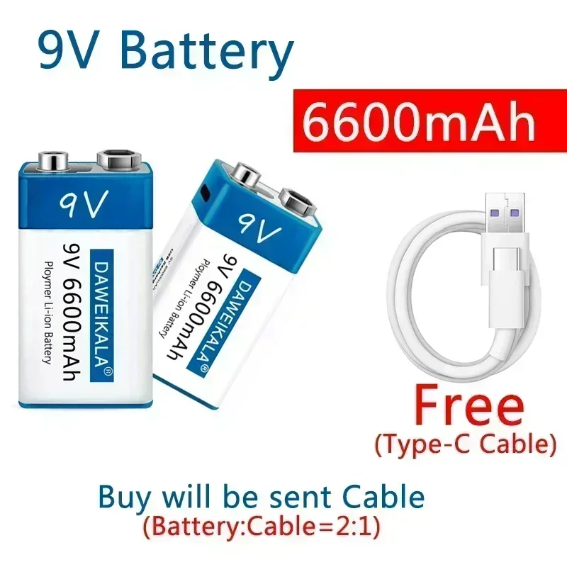 For 9V Battery 6600mAh li-ion Rechargeable battery Type-C USB Batteries 9V lithium for Multimeter Microphone Toy Remote Control