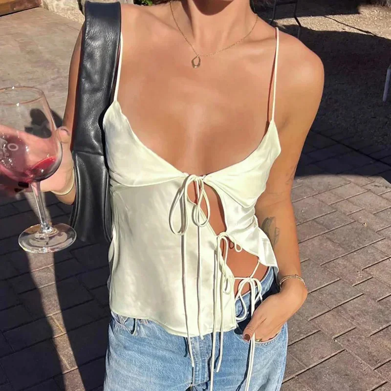 

Women's Sexy Top Casual Loose Fit Camis Hollow-out Sleeveless Backless Lace-up Solid Vest Fashion Streetwear Style Party Attire