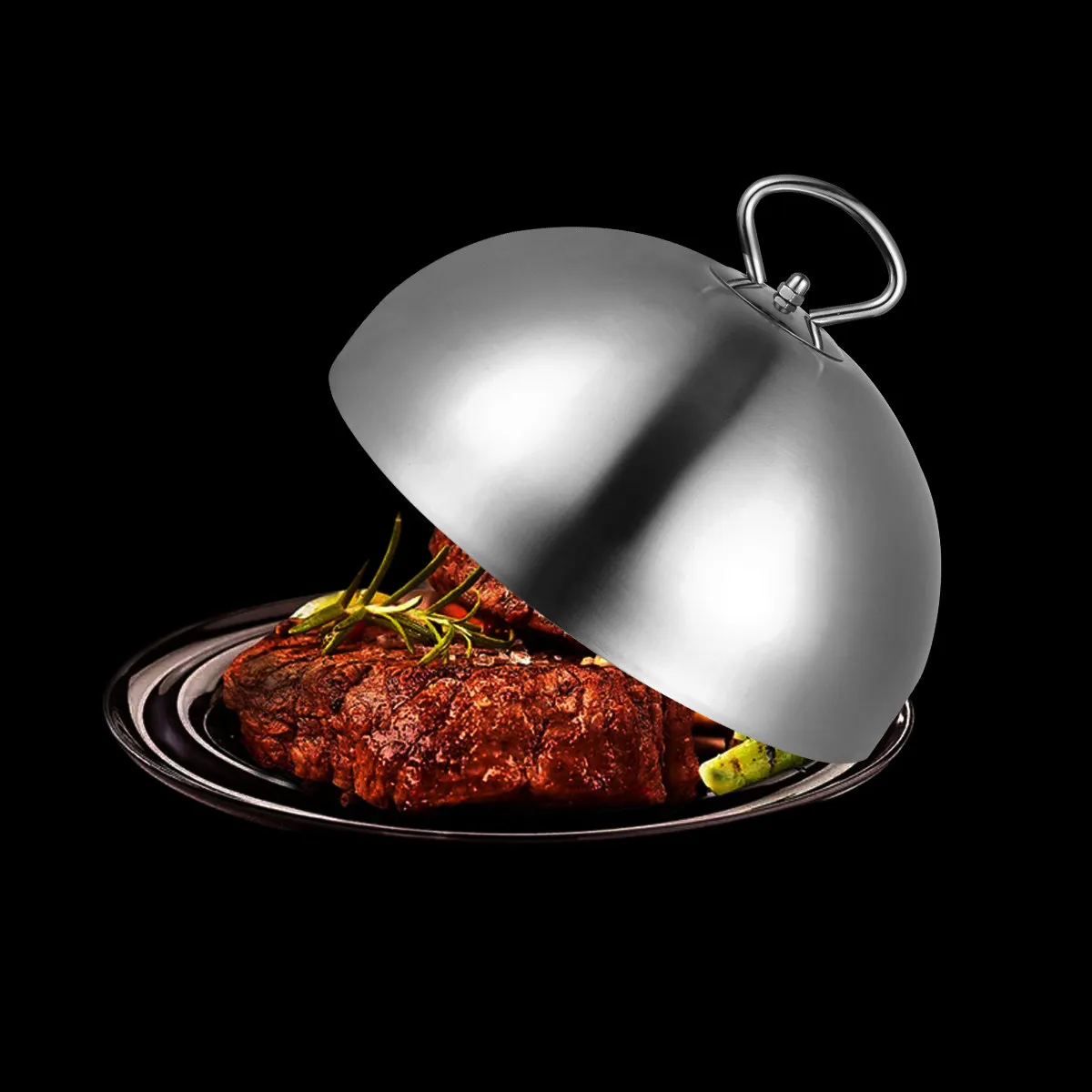 28Cm Stainless Steel Dome Lid for Steak Cooking Anti Splatter Food Cover Heat Resistant Serving Platter with Handle Metal Cloche