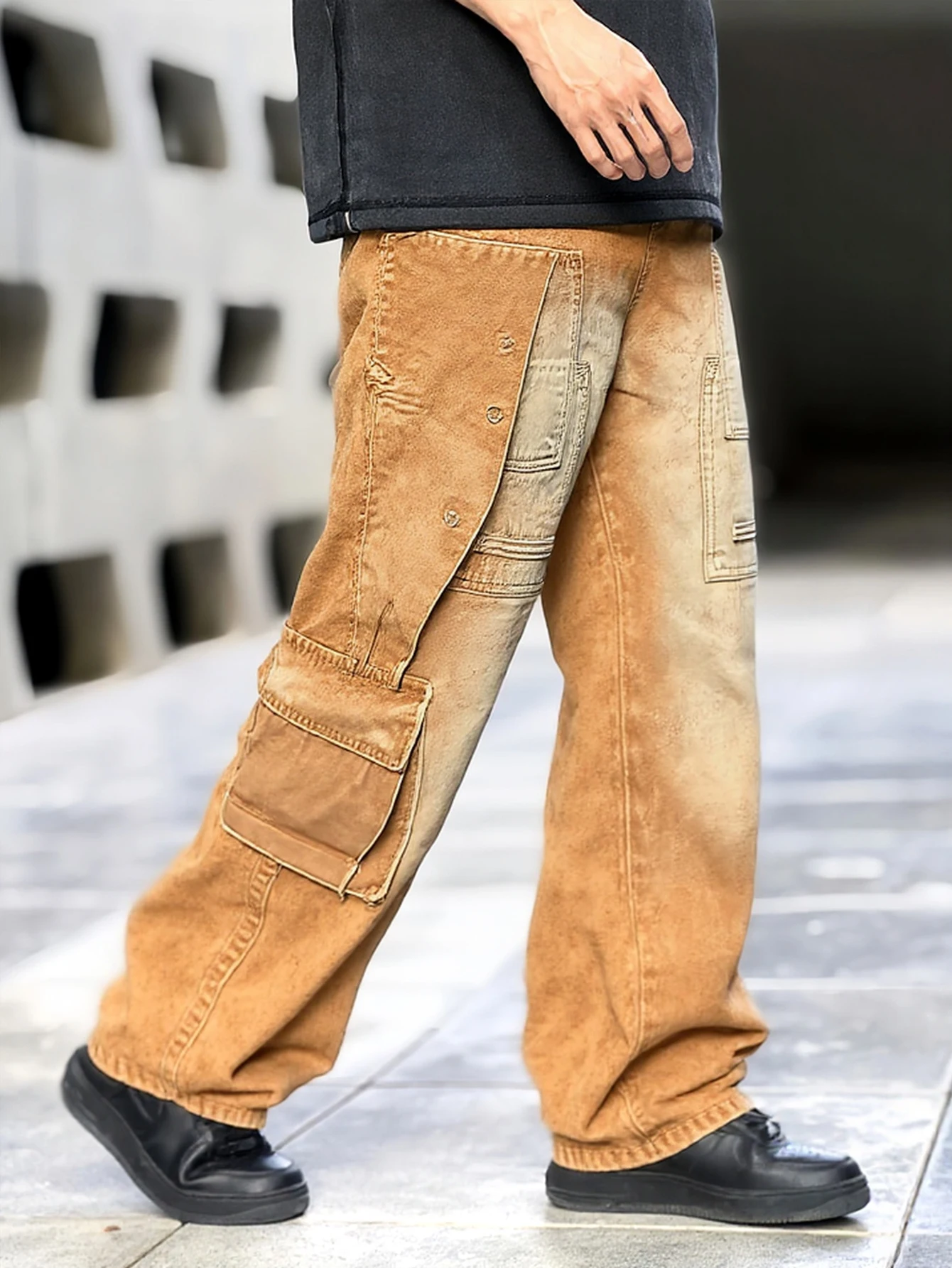 Senffarbene Cargo-Jeans für Herren mit mehreren Taschen, Vintage-Distressed-Look und großem Taschendesign, einfacher Erstellung eines Tre