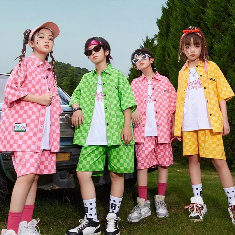 الفتيات أزياء رقص الجاز الفتيان الهيب هوب الملابس منقوشة قميص السراويل الشارع الرقص أداء ارتداء الاطفال K-pop المرحلة الزي SL9497