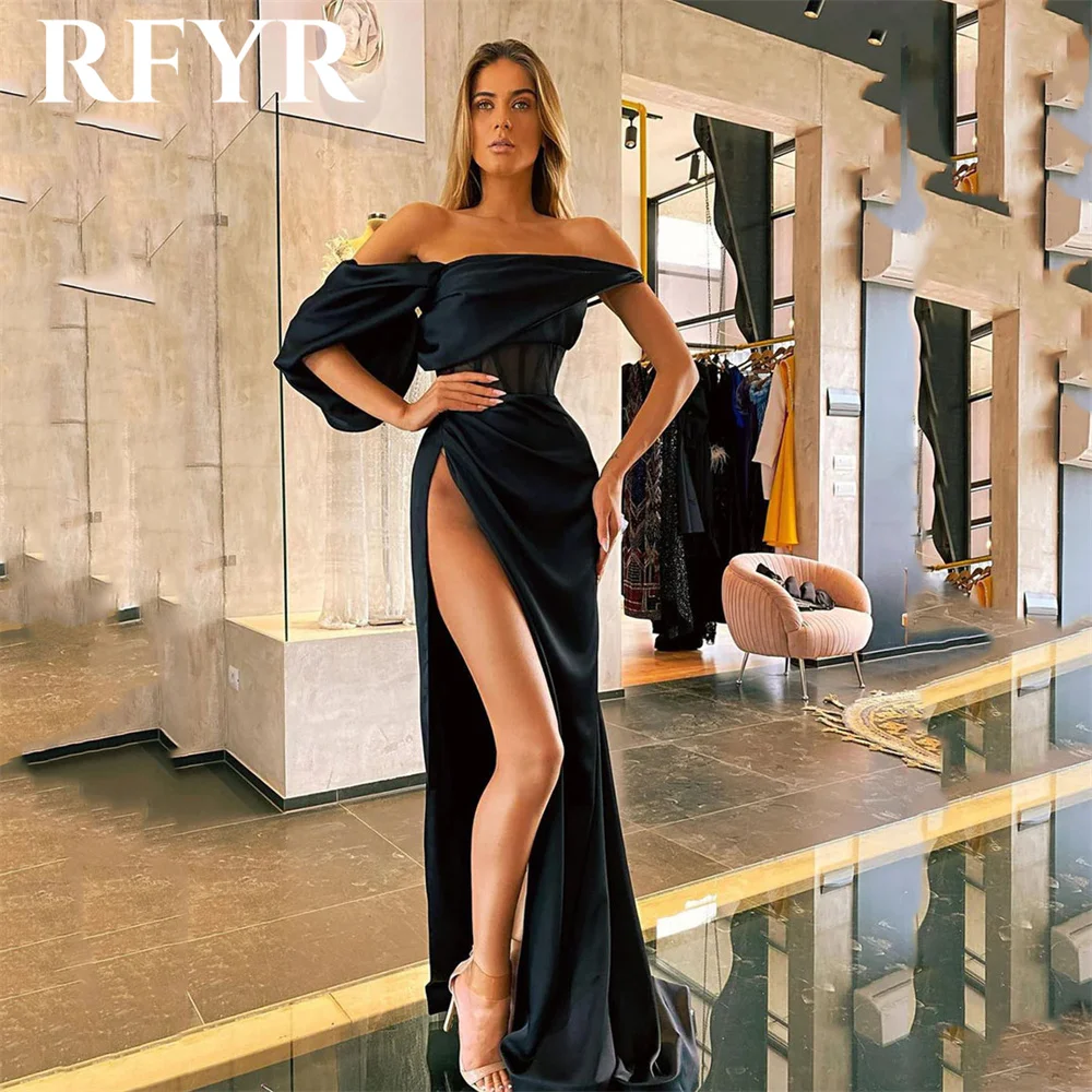 RFYR Sexy Black Prom Dresses Off the Shoulder robes de soirée Stain Trumpet Party Dresses With High Split Wedding Darty Dress