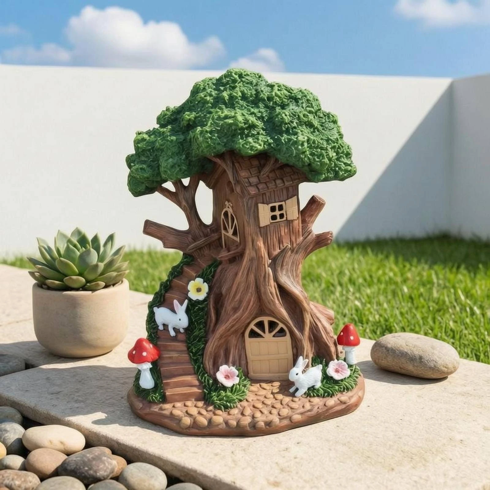 Solar Rabbit Garden Statue Resin Solar Tree House Treehouse Figurine Leafy Canopy Miniature Ornament Decorative view 4