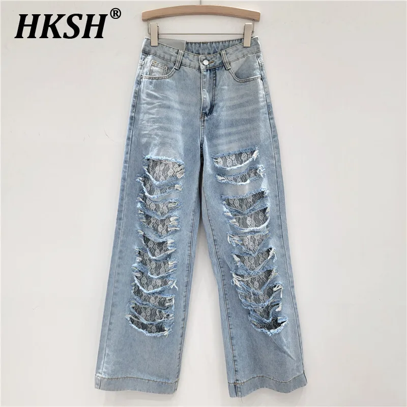 

HKSH Summer New Women Y2K Streetwear Elegant Fashion Tide Lace Patchwork Ripped Jeans Ins High Waist Straight Denim Pants HK4809