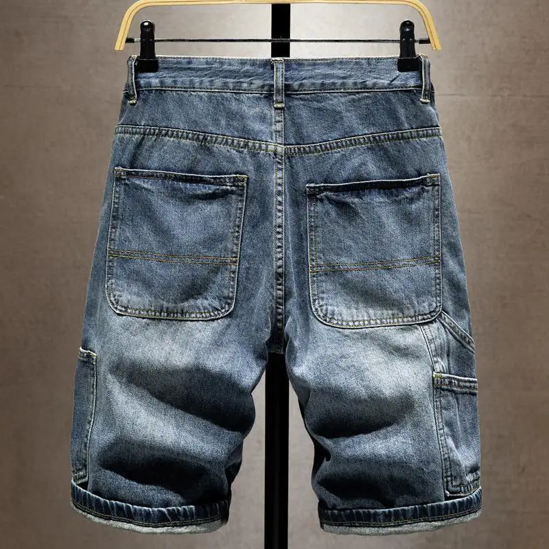 Denim Shorts Men's Summer Workwear Trendy Loose Straight Tube Half Pants Pocket Thick Blue