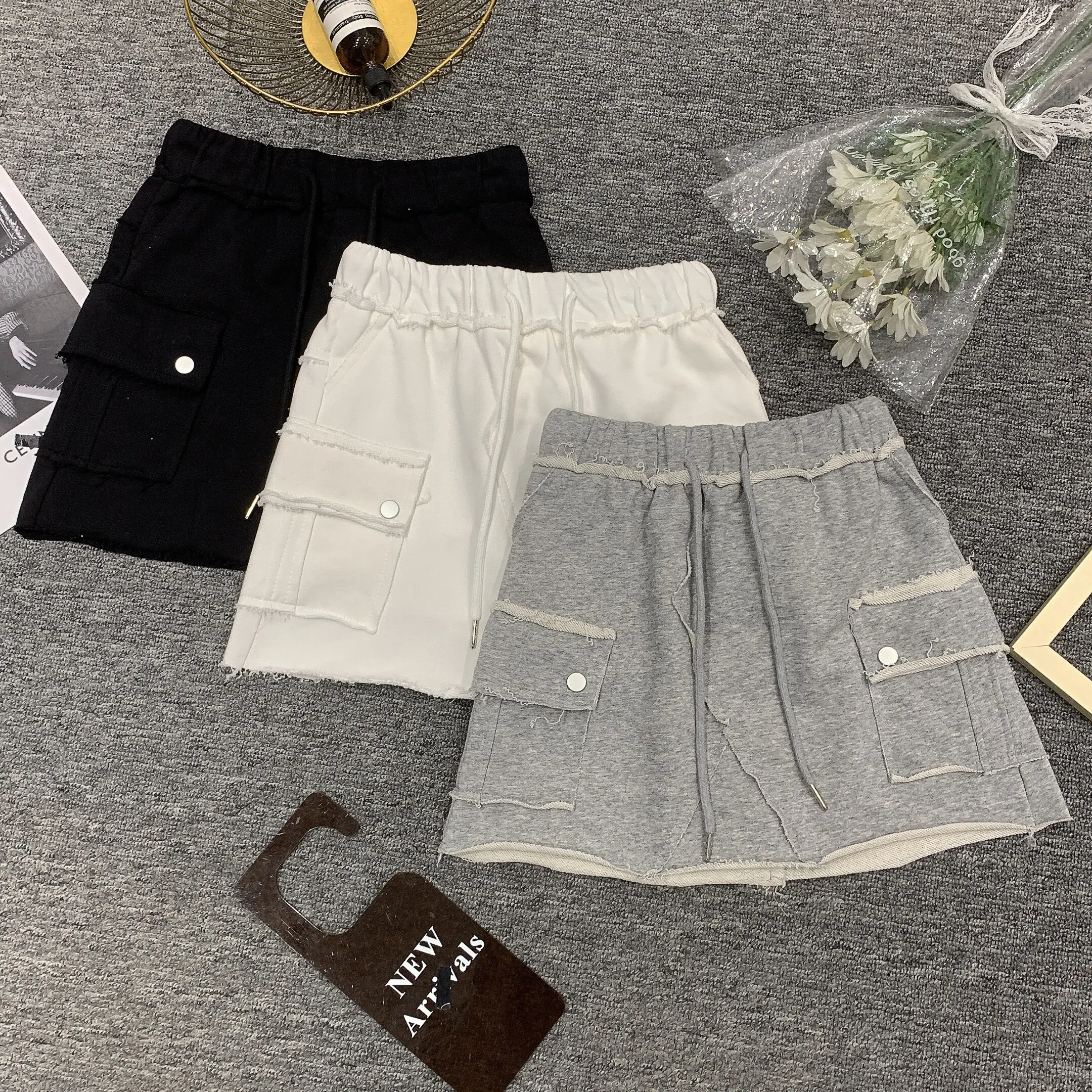 Casual Cargo Mini Skirt with Drawstring Waist Frayed Trim Pockets Side A-Line MiniSkirt Women Teenage Girl Streetwear