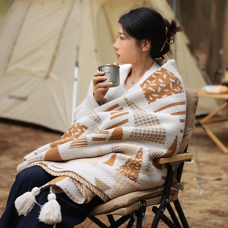 

SunnyFeel Outdoor Camping Wool Blanket Wool Acrylic Multifunctional Air Conditioning Camping Blanket Travel Warm Shawl Cloak