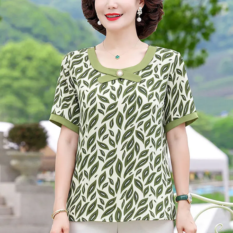 

Vintage Plant Printed Loose Shirt 2024 Summer Short Sleeve Commute Women's Clothing Round Neck Fashion Spliced Bow Button Blouse