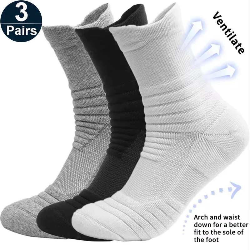 3Pairs Breathable Mesh Athletic Terry Socks Cushioned Moisture-managing and Durable Reduces Foot for Running Hiking & Sports