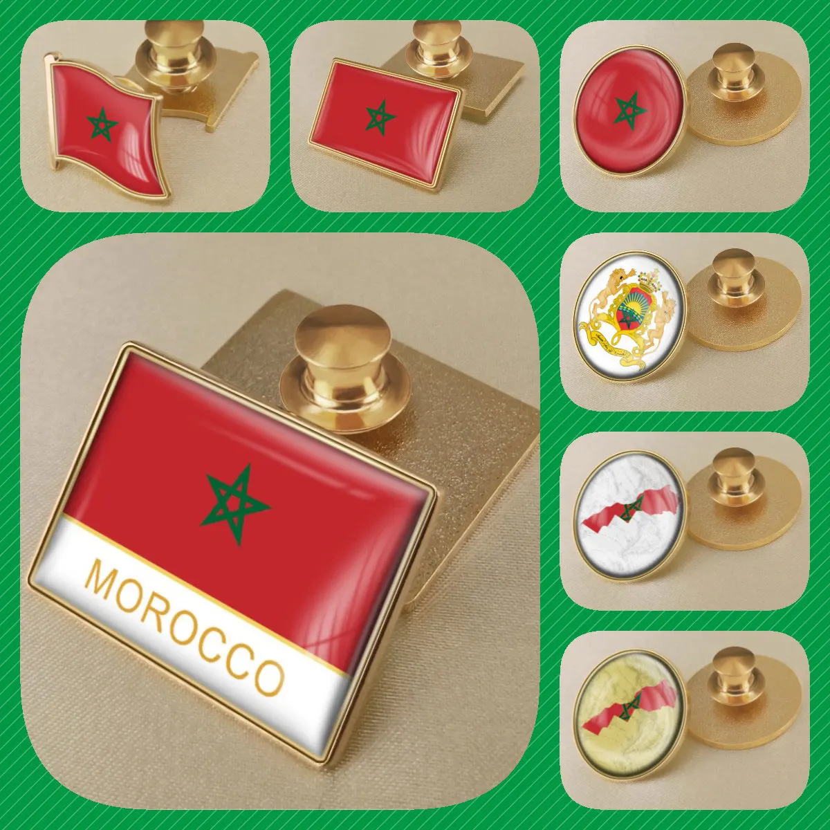 Morocco Moroccans Map Flag National Emblem National Flower Brooches Badges Lapel Pins