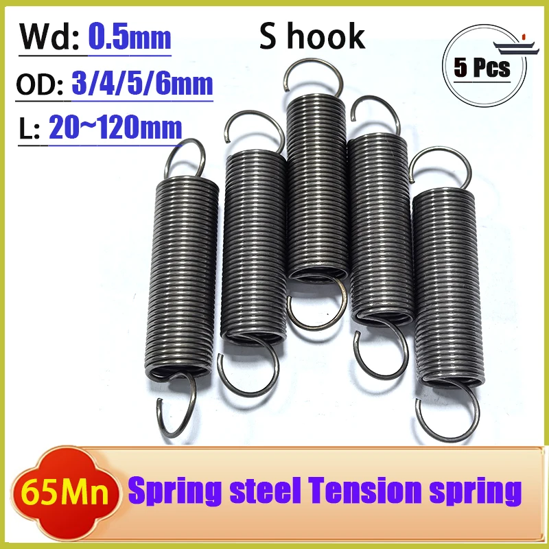 Diâmetro do fio 0.5mm, gancho aberto, mola de tensão, mola de extensão de bobina, mola de rascunho, diâmetro externo 3mm/4mm/5mm/6mm