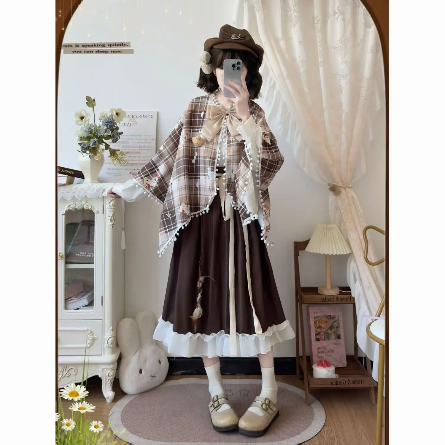 MAGOGO Cute Women Chinese Style Hanfu Set Plaid Cloak Blouse Ruffle Midi Skirt Sweet Mori Girl Vintage Cosplay Party Clothing