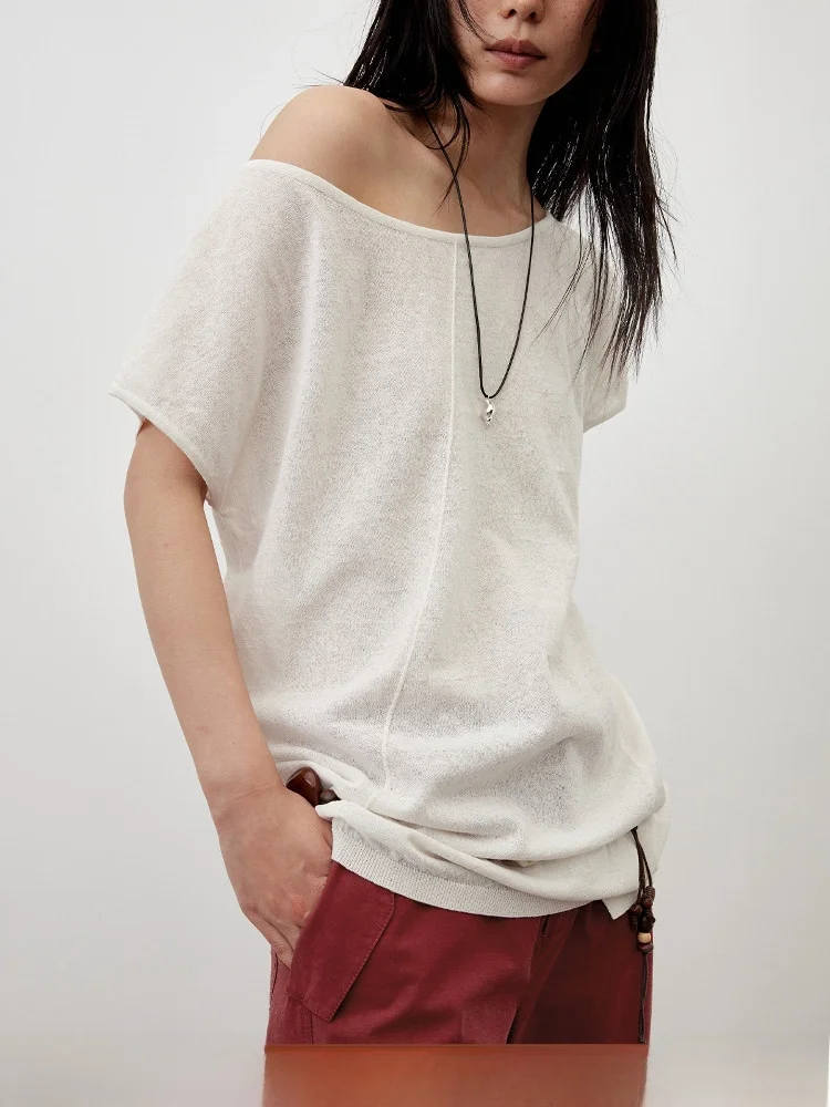 

Summer New Arrival Randiece25 Mixed Linen Knitted ort Sve Crew Ne Loose Fit Women's Top Casual Sle Color