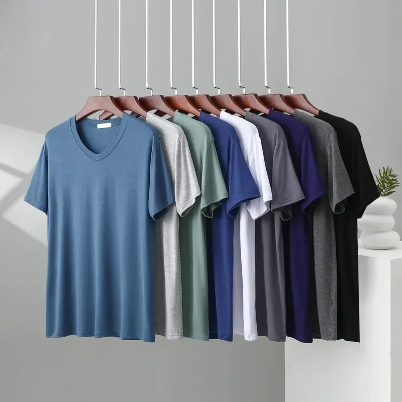 Men's Modal Plus Size V-Neck Short Sleeve Pajamas Homewear Summer Thin Solid Color Simple Casual Loose T-Shirt Home Clothes