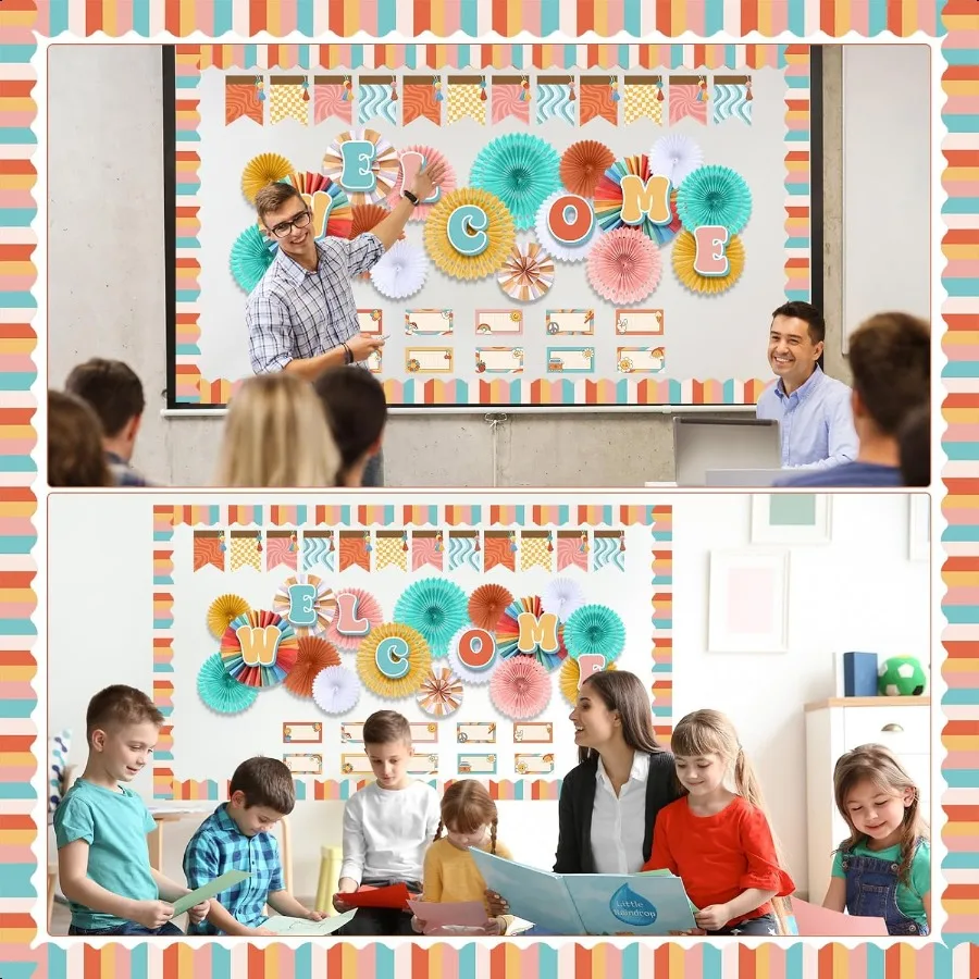 مجموعات لوحة الإعلانات الترحيبية، لافتة ترحيب للعودة في الفصل الدراسي، لوحة الإعلانات، لوحة اسم، قطع مراوح الورق، لافتة للعودة إلى Sc #6