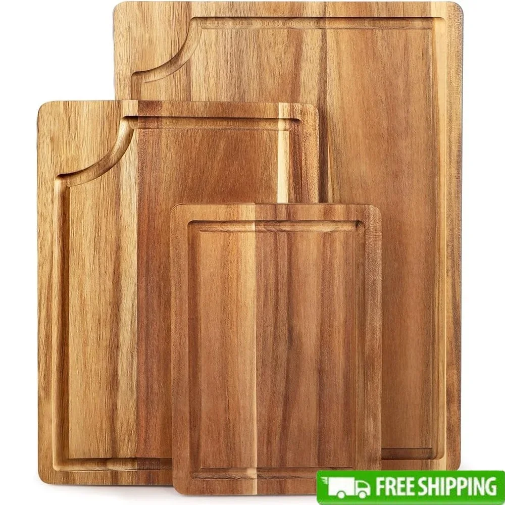 

Acacia Wood Cutting Board Set 3 Pieces with Deep Juice Groove Organic Wooden Kitchen Butcher Block Meat Chopping Boards