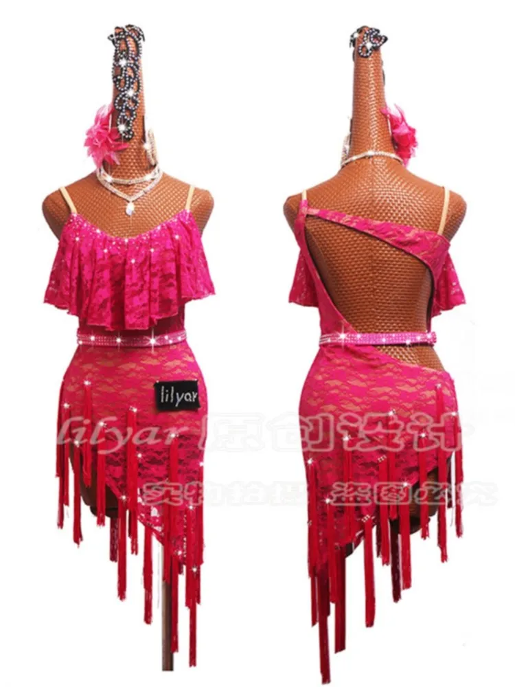 

Latin Dance Competition Performance Costumes Adult Daughter Children's Rose Red Tassel Lace Diagonal Skirt