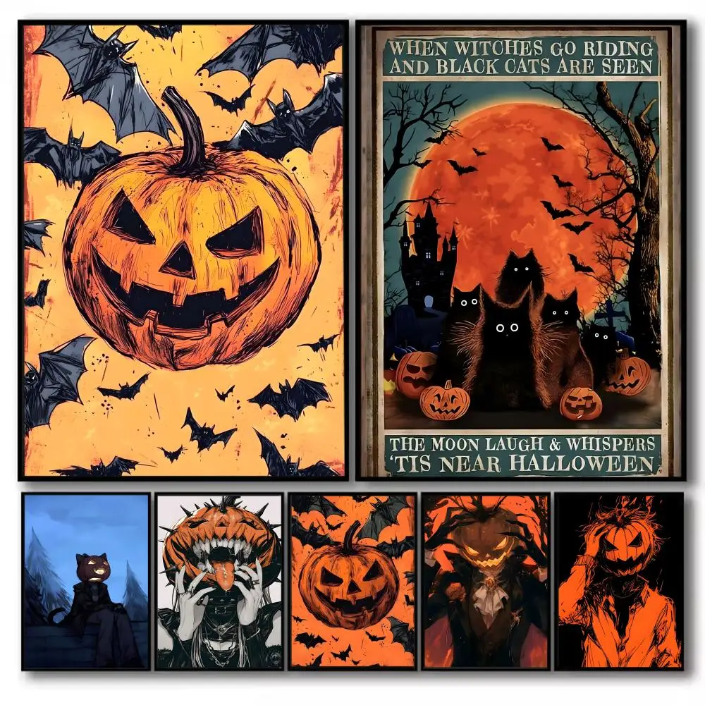 

Halloween Pumpkin Lantern Poster Posters Fancy Wallart Sticker For Living Room Bar Aesthetic Painting Decoration Room Wall Decor