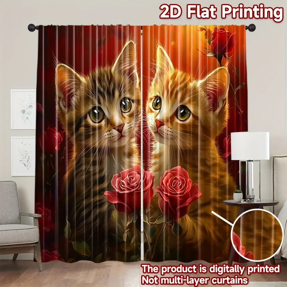 Cute Kitten Rose Curtains, Floral Cat Print Window Drapes, Warm Tone Living Room Decor, Blackout Fabric for Girls Bedroom