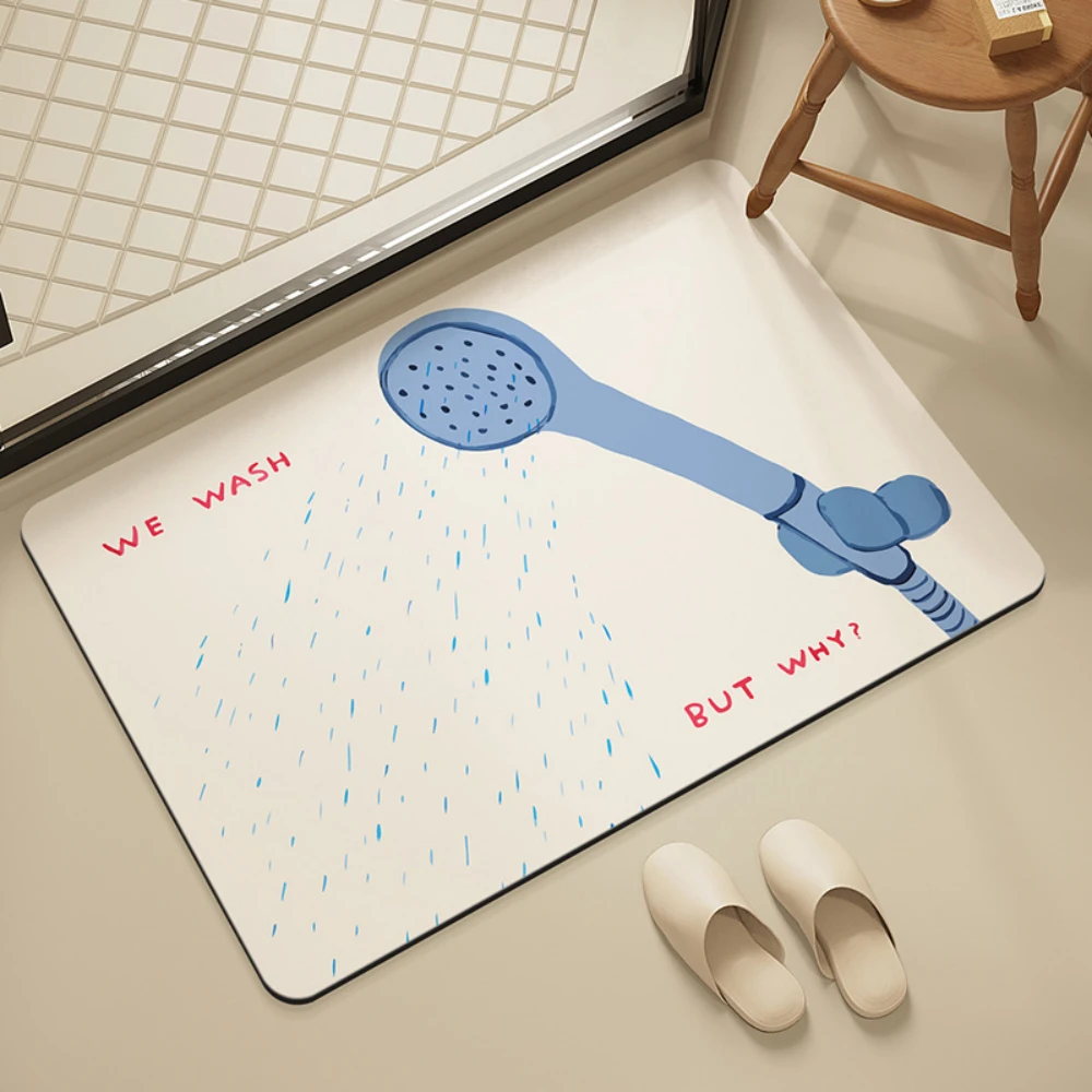 Blue Rain Letter Print Bath Mat Quick Dry Entry Rug Hand Drawn Raindrop Slogan Pattern For Household Bathroom Floor Pad