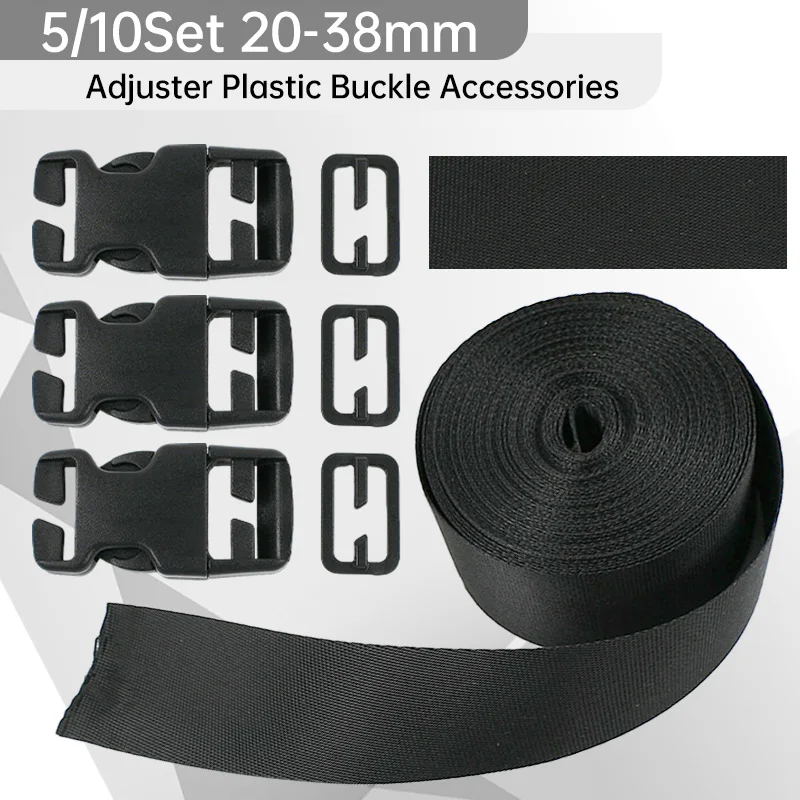 

5/10Sets 20-38mm Black Nylon Webbing Adjust Release Buckle for Bag Strap Pet Collar Tri-glide Slider DIY Bags Sewing Accessories